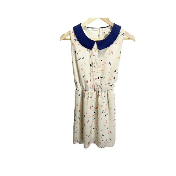 Olive & Oak Mini Dress Sz Small Retro Collar Bird Print Cream A-line Sleeveless - Picture 1 of 5